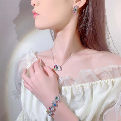 Multicolor Vintage Pendant Cut Diamonds Luxury 18k White Gold Plated Necklace Earring Bracelet Jewelry Set | Mix Mix Style-Mix MIx Style