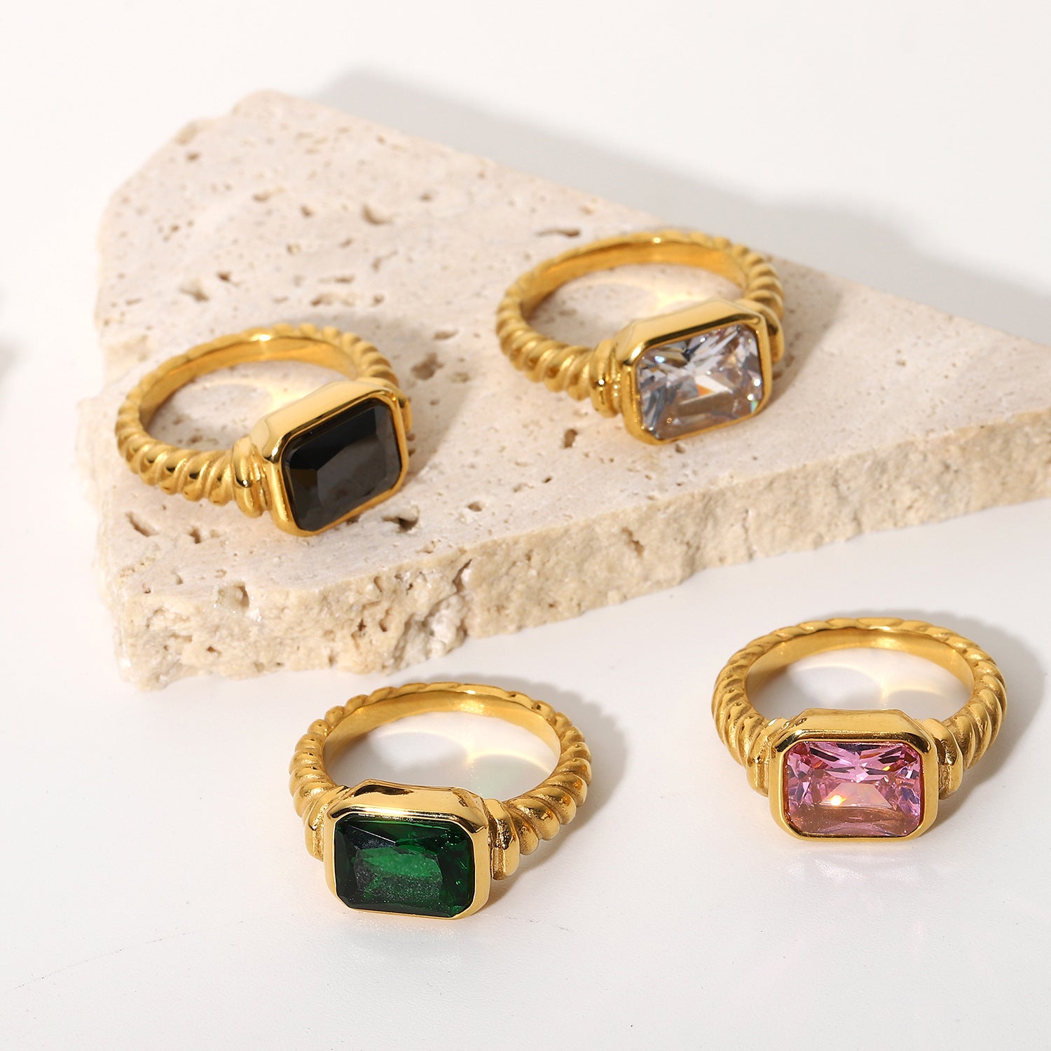 European and American Stainless Steel Rectangular Emerald Pink Zircon Ring Women's Croissant Twisted Spiral Ring Jewelry-Mix MIx Style