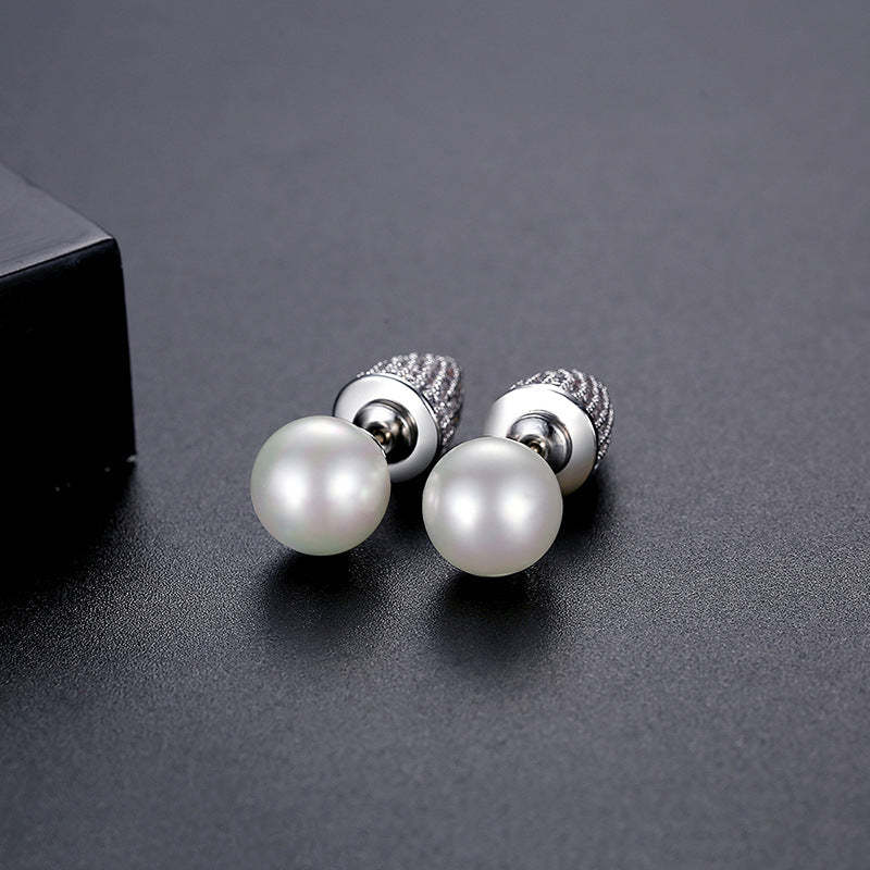 Jinse European and American fashion front and back with pearl ear plugs earrings AAA zircon micro-inlaid shell beads S925 silver needle earrings-Mix MIx Style