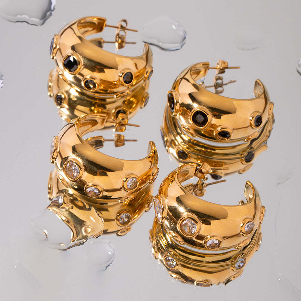 Moon Shaped Embellished White Moissanite Diamonds Luxury 18k Vermeil Gold Plated C-shaped Earrings | Mix Mix Style-Mix MIx Style