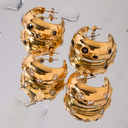 Moon Shaped Embellished White Moissanite Diamonds Luxury 18k Vermeil Gold Plated C-shaped Earrings | Mix Mix Style-Mix MIx Style