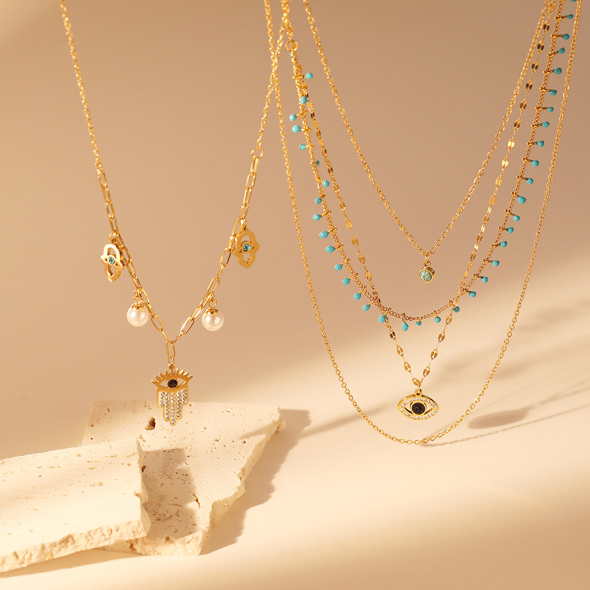 Multilayer Vintage Devils Eyes Pendant Akoya Pearl & Diamonds 18k Vermeil Gold Plated Necklace Jewelry | Mix Mix Style-Mix MIx Style