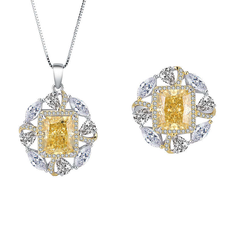 Yellow Vintage Retro Pendant Emerald Cut Diamond 5ct Luxury 18k Gold Plated Necklace & Ring Jewelry Set | Mix Mix Style-Mix MIx Style