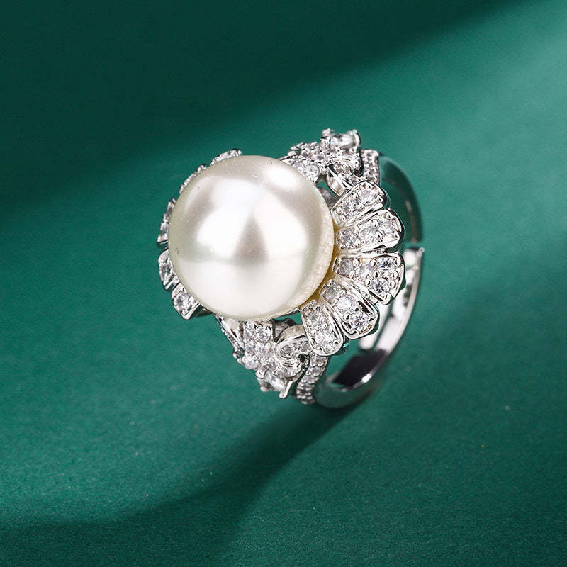 Huayoumei Jewelry Imitation Natural Pearl Ring French Flower Diamond Crystal Pearl Index Finger Ring Yellow Shell Pearl Ring-Mix MIx Style