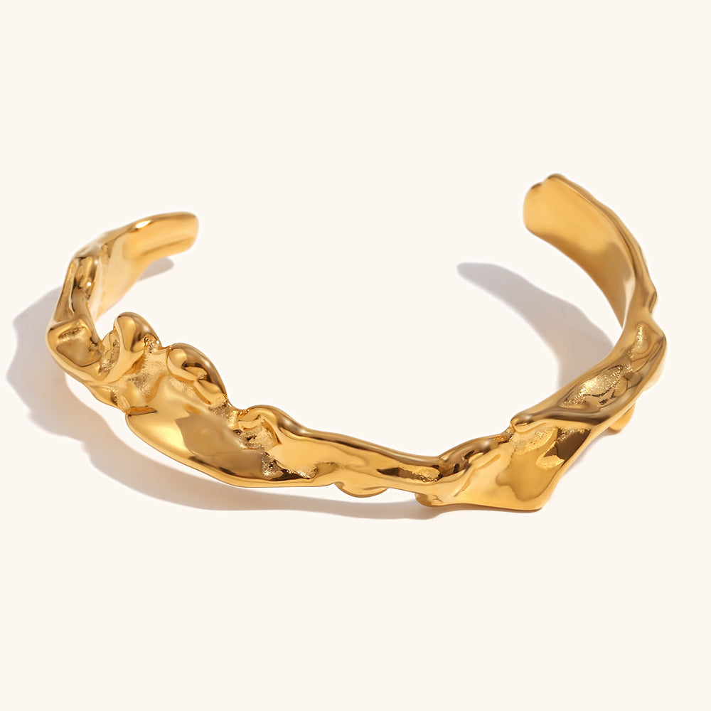 European and American cross-border hot selling personalized hand jewelry stainless steel plated 18K gold open irregular hammered pattern wave bracelet for women-Mix MIx Style