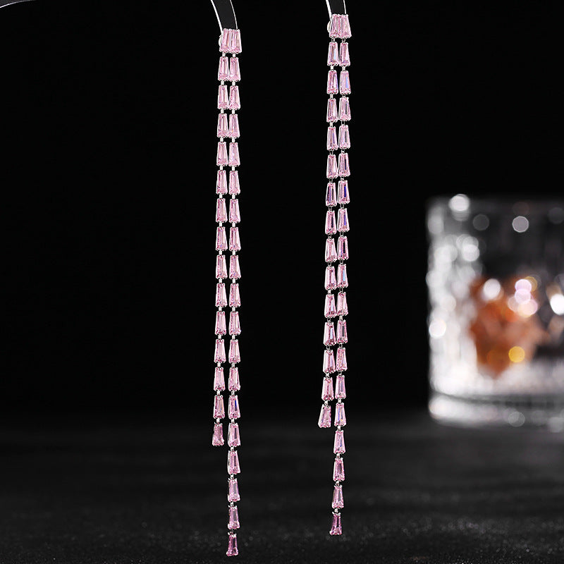 s925 silver needle Korean fashion earrings trendy face modification niche designer zircon super long tassel earrings-Mix MIx Style