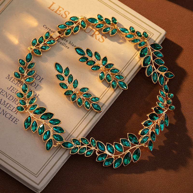 Retro Classic Green Leafs Marquise Diamonda Luxury 18k Gold Plated Necklace Earring Jewelry Set | Mix Mix Style-Mix MIx Style