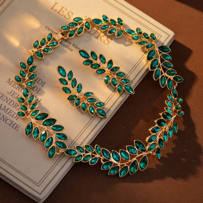 Retro Classic Green Leafs Marquise Diamonda Luxury 18k Gold Plated Necklace Earring Jewelry Set | Mix Mix Style-Mix MIx Style