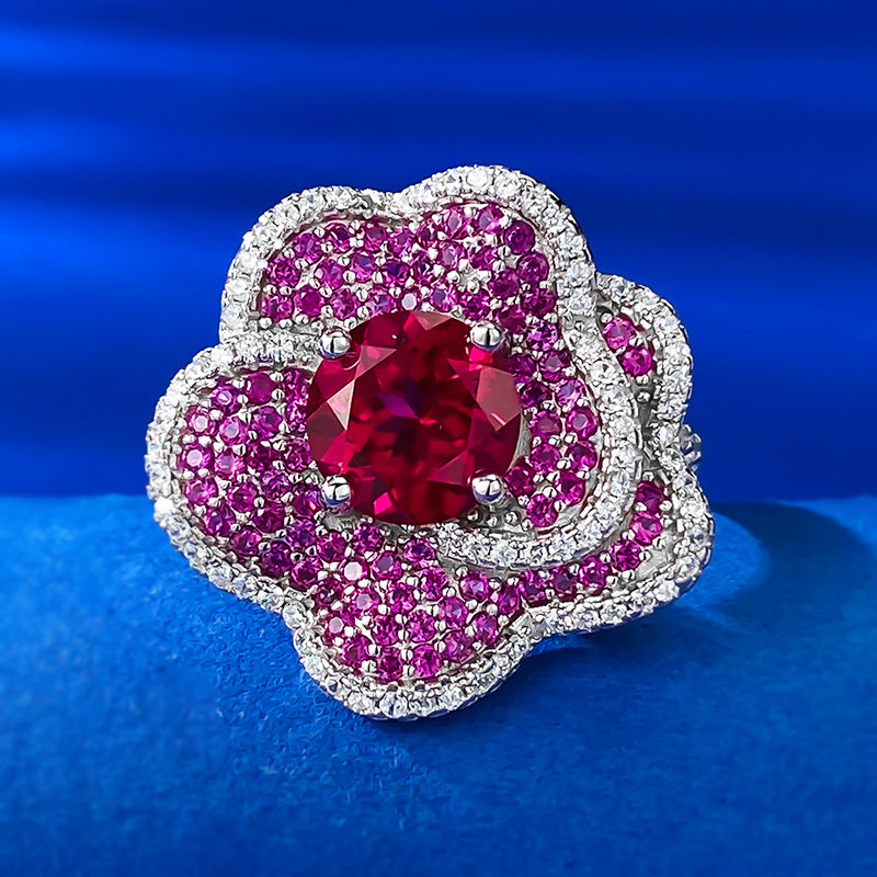 Mujing Jewelry S925 Silver 6ct New Pigeon Blood Red Flower Ring Female Rose Petals Fashionable and Versatile Luxury Inlay-Mix MIx Style