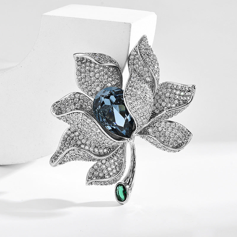 New Korean heavy blue crystal silver petal pin female pin luxury atmosphere crystal corsage suit coat accessories-Mix MIx Style