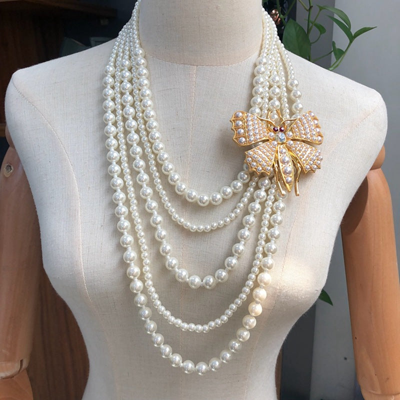 White Golden Butterfly Vintage Multi-layer Pendant Akoya Pearl Diamond Luxury 18k Gold Plated Necklace Earrings Jewelry Set | Mix Mix Style-Mix MIx Style