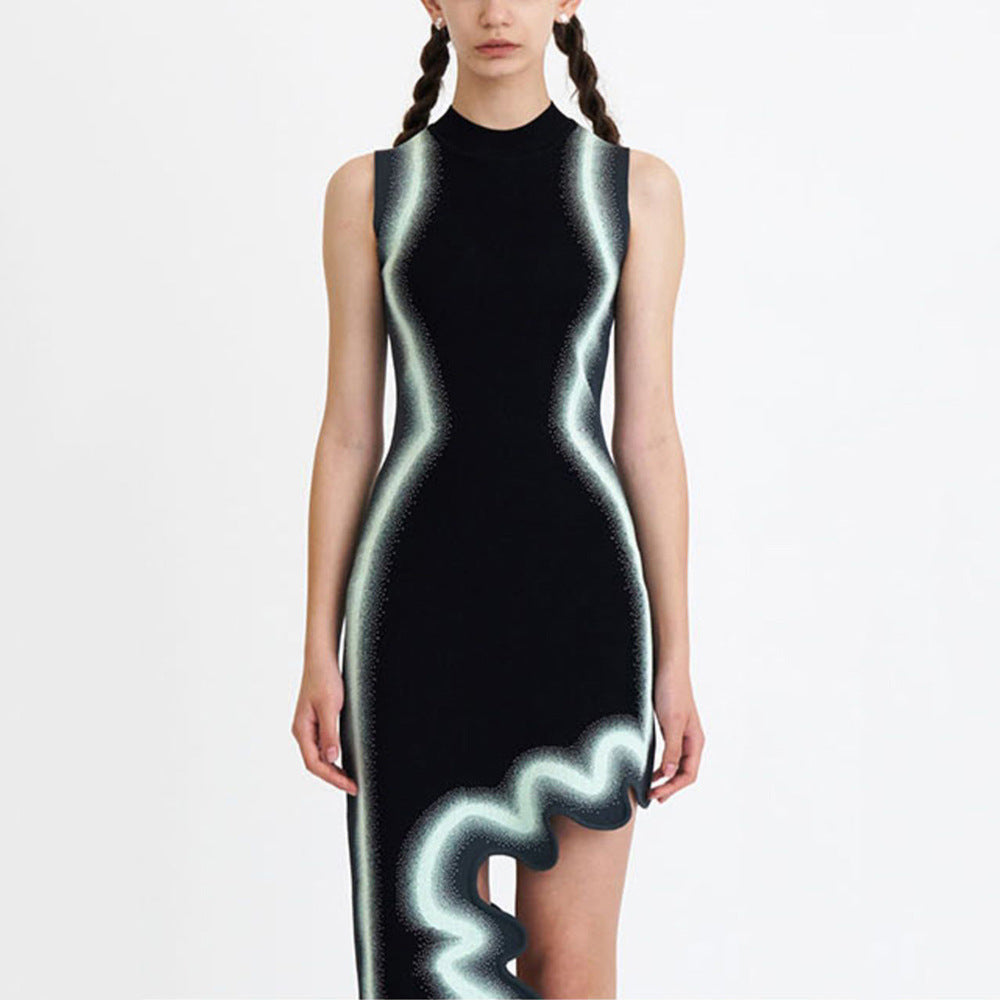 Black irregular tie-dye printed sexy sleeveless knitted dress party dress | Mix Mix Style [Hot Seller]-Mix MIx Style