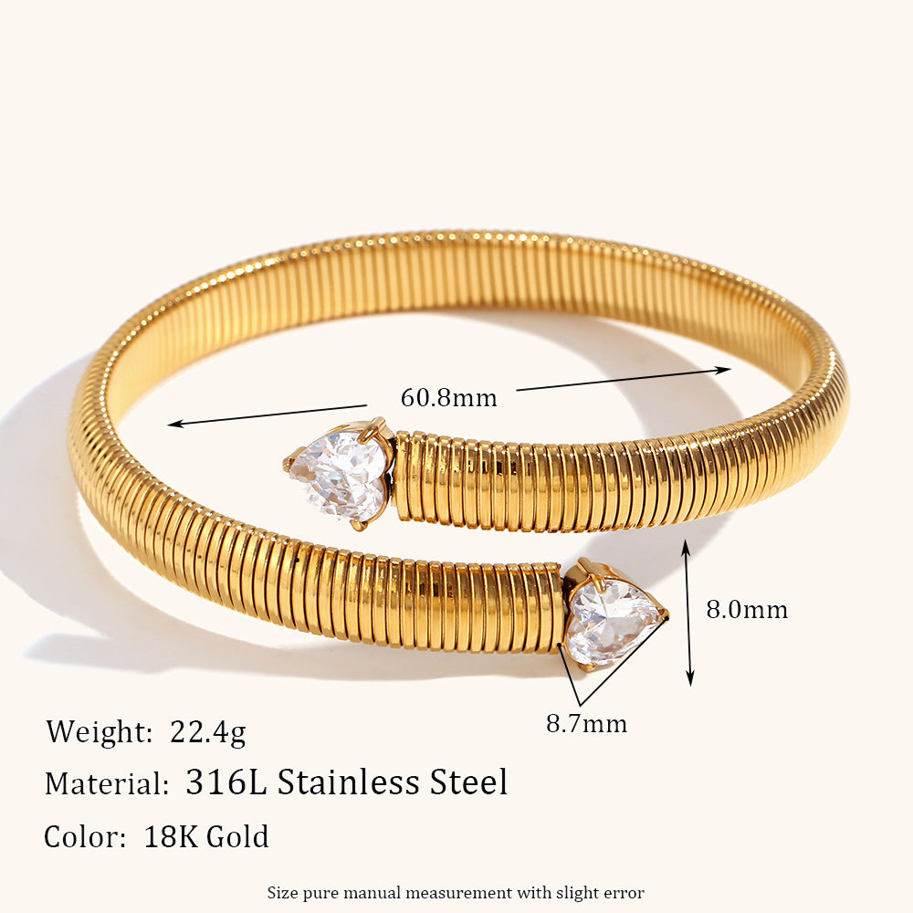 European and American cross-border hot selling two-end heart-shaped zircon open striped bracelet stainless steel plated 18K gold retro bracelet-Mix MIx Style