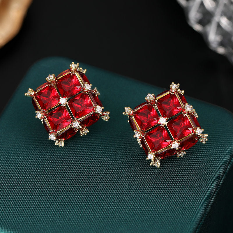 s925 silver needle light luxury high-end earrings wholesale niche design Korean style trendy geometric three-dimensional square crystal earrings-Mix MIx Style