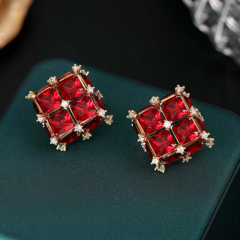 s925 silver needle light luxury high-end earrings wholesale niche design Korean style trendy geometric three-dimensional square crystal earrings-Mix MIx Style