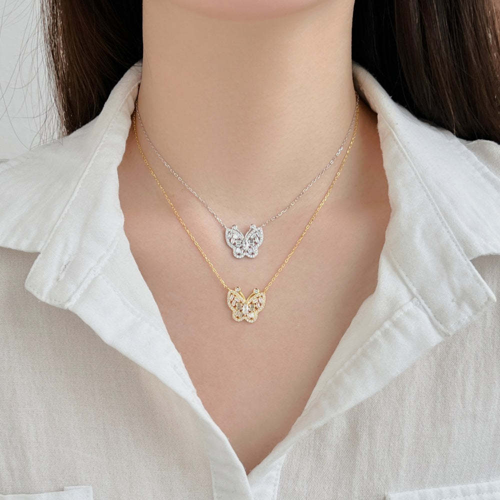 S925 sterling silver butterfly necklace women's marquise-shaped rectangular inlaid butterfly design exquisite clavicle chain neck accessories-Mix MIx Style