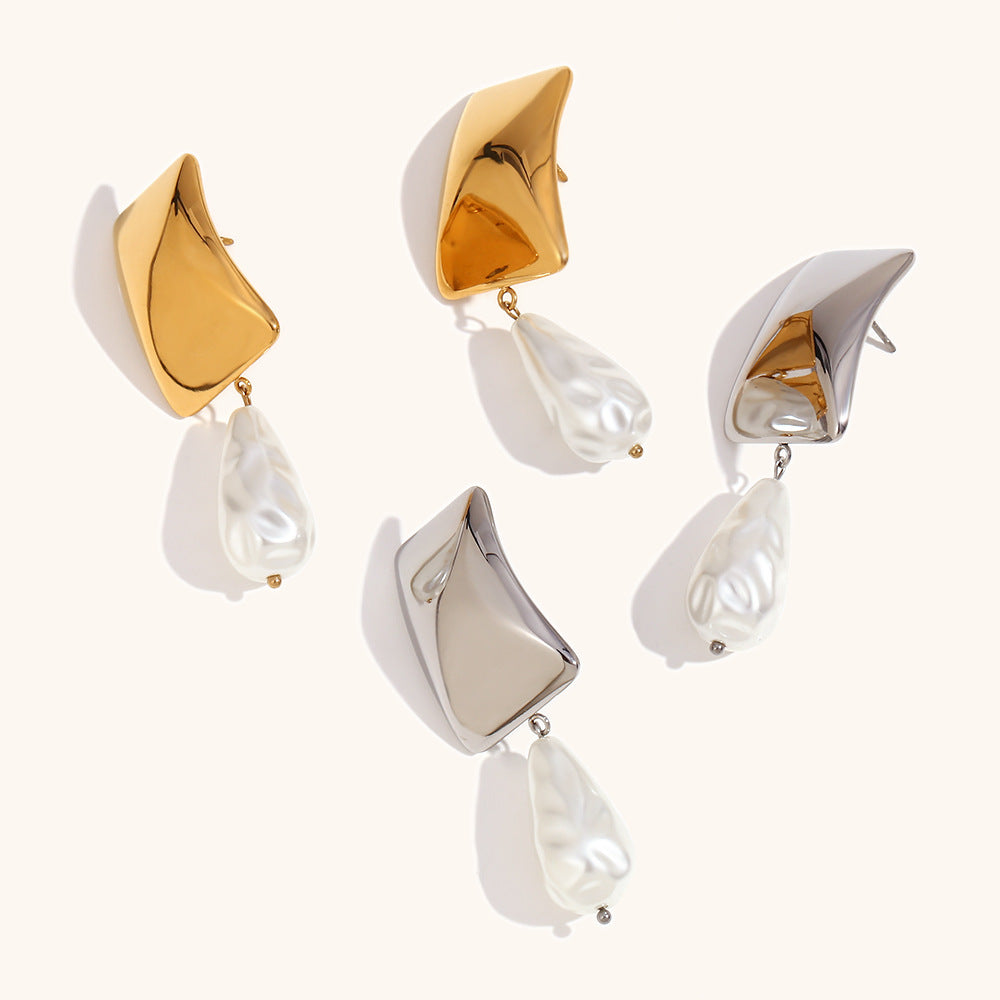 Geometric Classic White Akoya Pearl Elegant 18k Vermeil/White Gold Plated Vintage Retro Drop Earrings | Mix Mix Style-Mix MIx Style