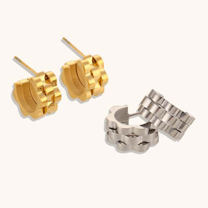 Geometric textued watch pattern 18k Vermeil/White Gold Plated Vintage Retro Hoop Earrings | Mix Mix Style-Mix MIx Style