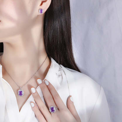 Douyin's best-selling fashion daily style high carbon diamond purple diamond pendant ring 8*10 earrings 6*8 set S925 silver-Mix MIx Style