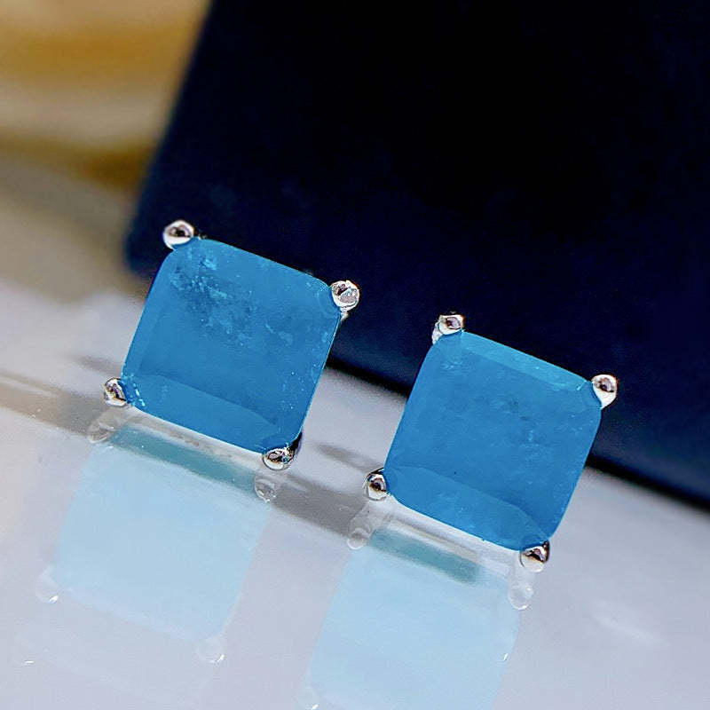 Dainty Green - Blue Claw Timeless Princess Cut Moissanite Diamonds Elegant 18k White Gold Plated Stud Earrings | Mix Mix Style-Mix MIx Style