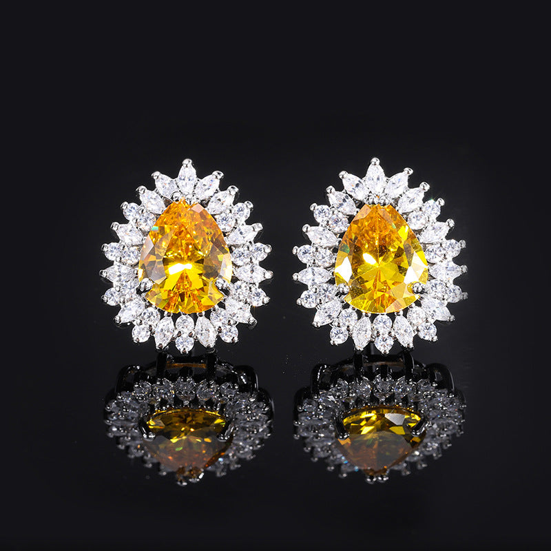 Yellow & Pink Vintage Classic Pendant Pear Cut Diamond Luxury 18k White Gold Plated Necklace Earrings Jewelry Set | Mix Mix Style-Mix MIx Style