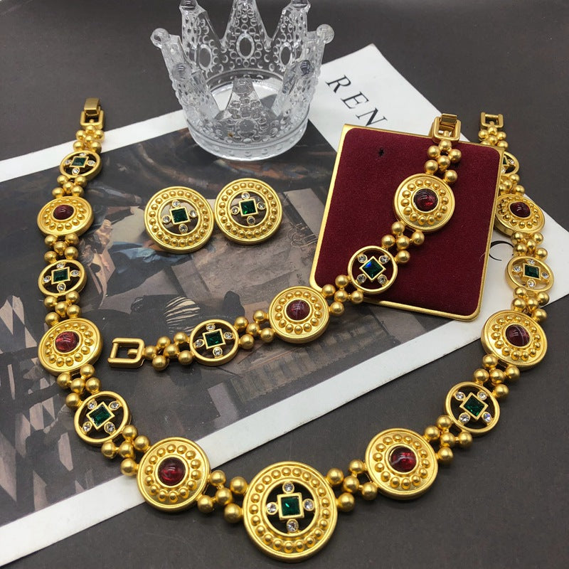 Circles Retro Red Round Cut Diamond Luxury 18k Vermeil Gold Plated Necklace Earring Bracelet Jewelry Set | Mix Mix Style-Mix MIx Style