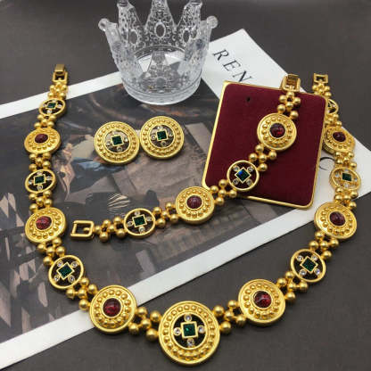 Circles Retro Red Round Cut Diamond Luxury 18k Vermeil Gold Plated Necklace Earring Bracelet Jewelry Set | Mix Mix Style-Mix MIx Style