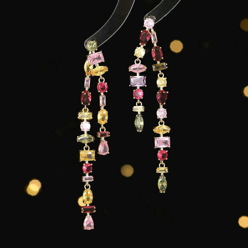 s925 silver needle earrings super fairy temperament long face small earrings geometric colored zircon two-wear double tassel earrings-Mix MIx Style
