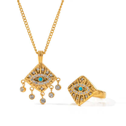 Turquoise Devils Eye Retro  Pendant White Diamonds Luxury 18k Gold Plated Necklace & Ring Jewelry Set | Mix Mix Style-Mix MIx Style