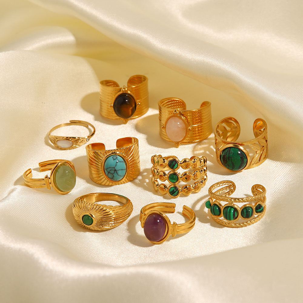 European and American retro stainless steel ring 18k gold plated ring inlaid with malachite jewelry wholesale-Mix MIx Style
