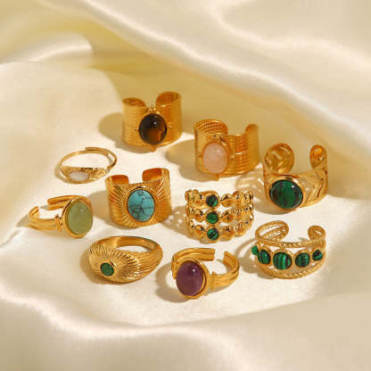European and American retro stainless steel ring 18k gold plated ring inlaid with malachite jewelry wholesale-Mix MIx Style