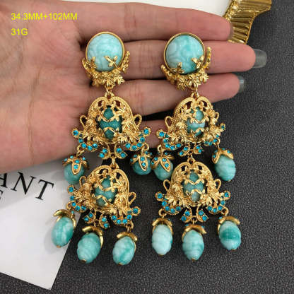 Aquamarine Blue Vintage Retro Classic Pendant Luxury 18k Gold Plated Necklace Earrings Jewelry Set | Mix Mix Style-Mix MIx Style