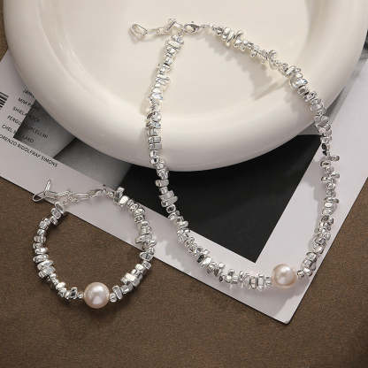 Dazzling Retro Pendant Akoya Pearl and Silver Beads 18k White Gold Plated Necklace Bracelet Earrings Jewelry Set | Mix Mix Style-Mix MIx Style