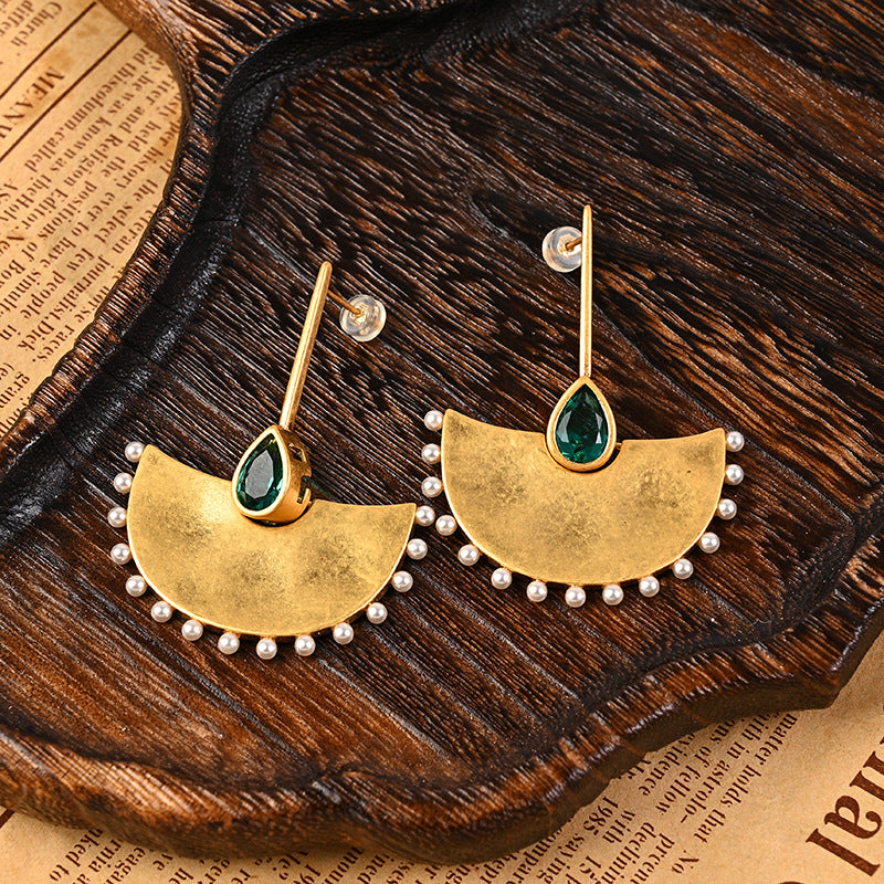 Medieval vintage retro silver needle earrings French light luxury palace gold fan leaf pearl earrings earrings-Mix MIx Style