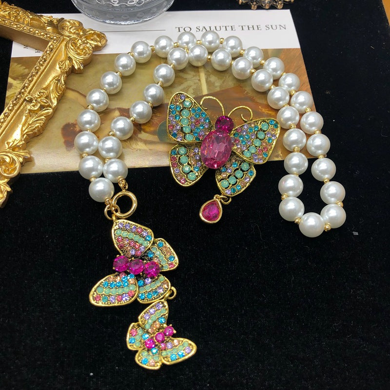 Butterfly Multicolor Vintage Retro Pendant Pink Oval Cut Diamond Luxury 18k Gold Plated Necklace & Brooch Jewelry Set | Mix Mix Style-Mix MIx Style