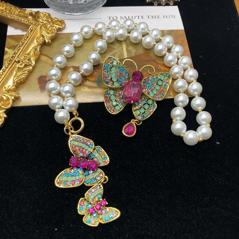 Butterfly Multicolor Vintage Retro Pendant Pink Oval Cut Diamond Luxury 18k Gold Plated Necklace & Brooch Jewelry Set | Mix Mix Style-Mix MIx Style