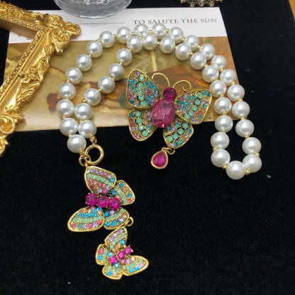 Butterfly Multicolor Vintage Retro Pendant Pink Oval Cut Diamond Luxury 18k Gold Plated Necklace & Brooch Jewelry Set | Mix Mix Style-Mix MIx Style