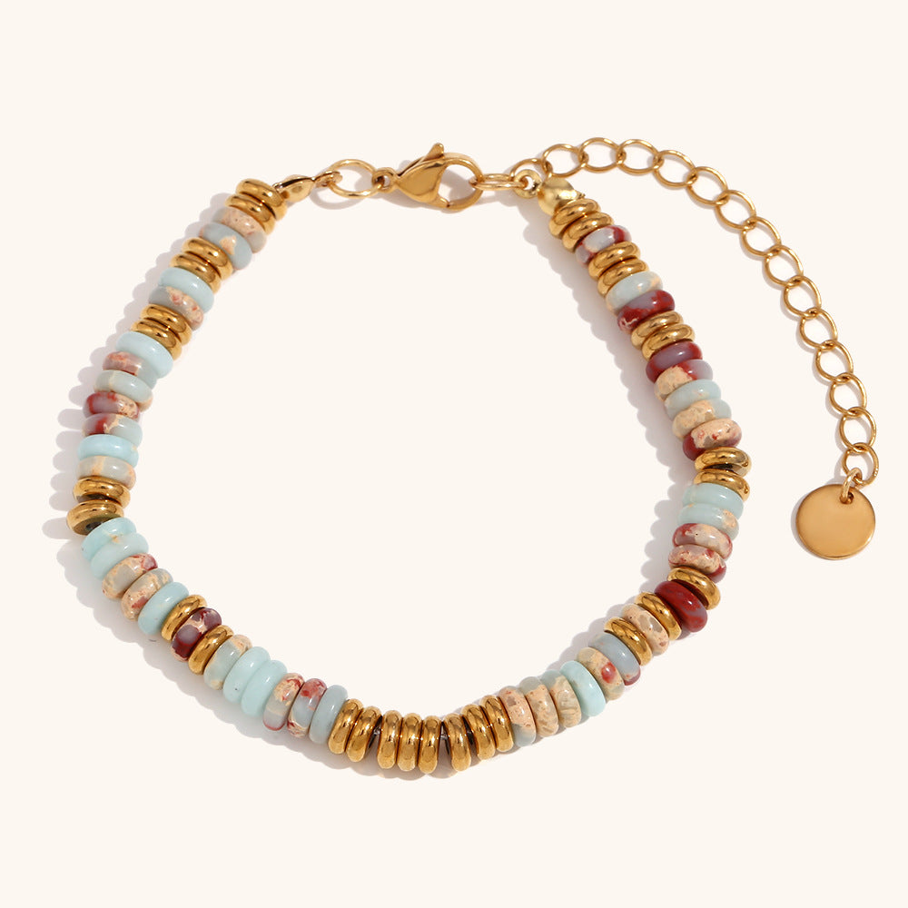 European and American cross-border hot selling Frisbee natural stone retro simple light luxury stainless steel plated 18K gold spacer bead bracelet female-Mix MIx Style