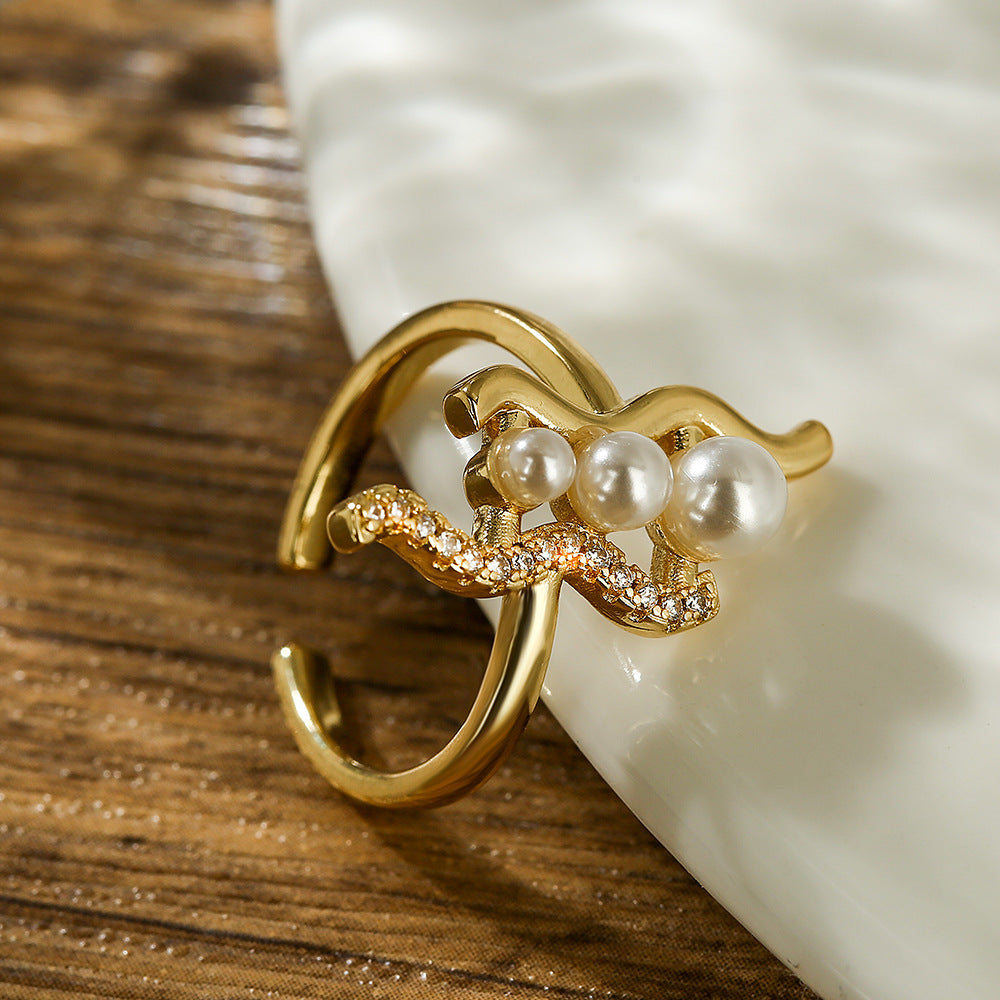 Australian ancient cross-border copper-plated real gold zircon pearl geometric open ring women's INS niche light luxury high-end ring new-Mix MIx Style