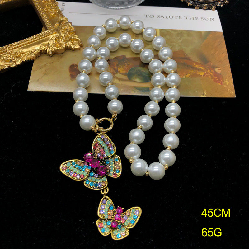 Butterfly Multicolor Vintage Retro Pendant Pink Oval Cut Diamond Luxury 18k Gold Plated Necklace & Brooch Jewelry Set | Mix Mix Style-Mix MIx Style