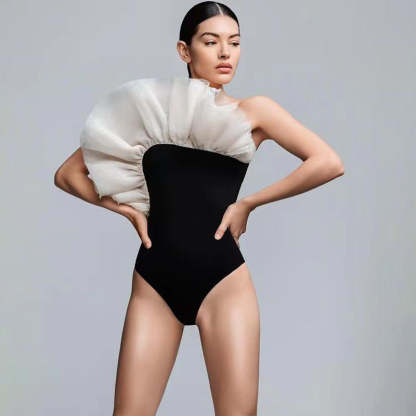 Statement Bodysuit & Swimsuit With Oversized Flower - Black | Mix Mix Style [Hot Seller]-Mix MIx Style