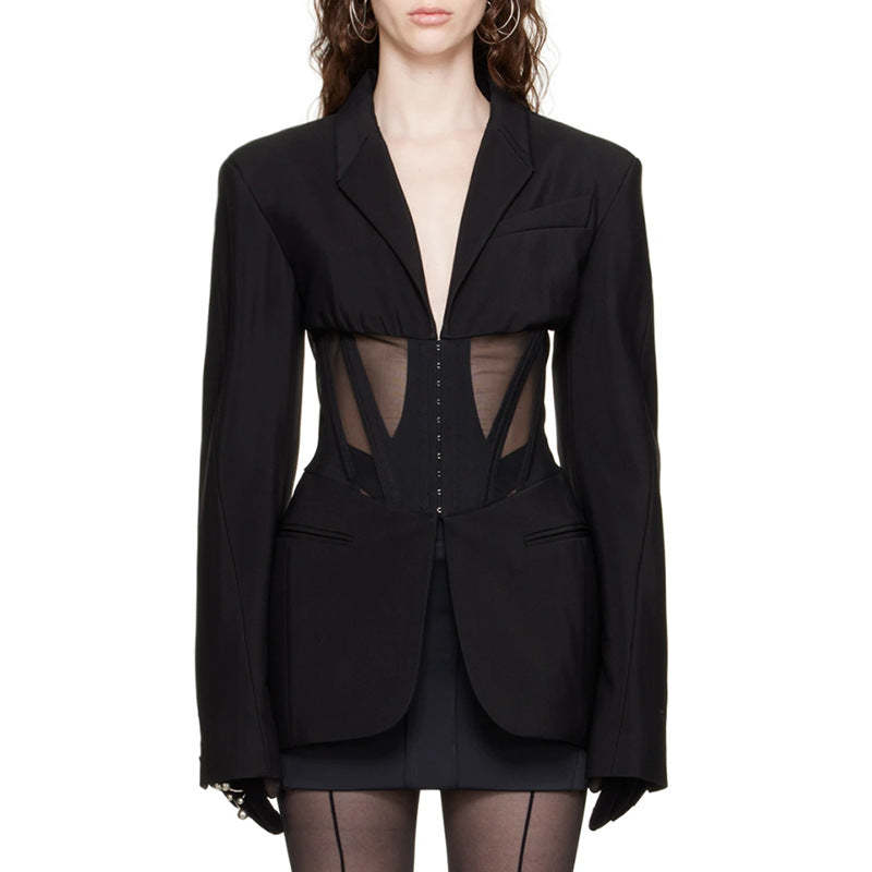 2024 autumn new French commuting leisure fishbone waist mesh splicing slim see-through suit jacket for women-Mix MIx Style