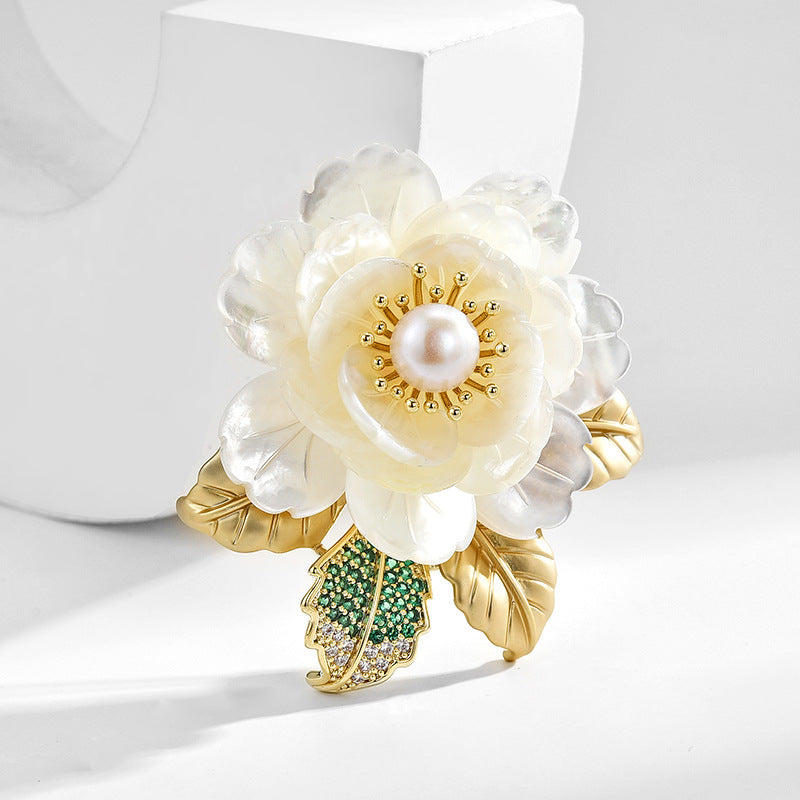 High-end luxury natural shell white peony flower brooch freshwater pearl rich camellia brooch female accessories-Mix MIx Style