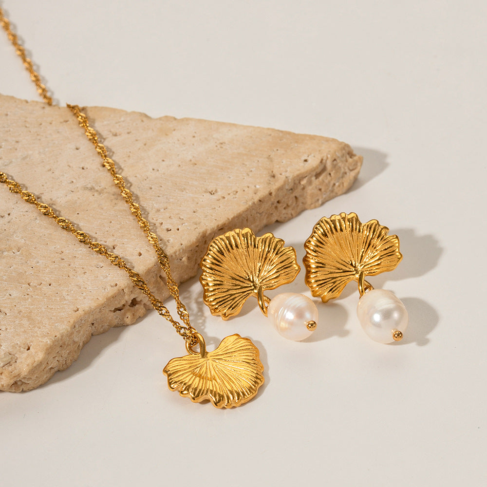 Golden Fan Retro Pendant Akoya Pearl Diamond Luxury 18k Gold Plated Necklace Earrings Jewelry Set | Mix Mix Style-Mix MIx Style