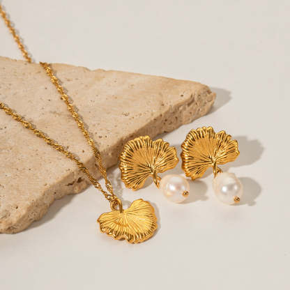 Golden Fan Retro Pendant Akoya Pearl Diamond Luxury 18k Gold Plated Necklace Earrings Jewelry Set | Mix Mix Style-Mix MIx Style