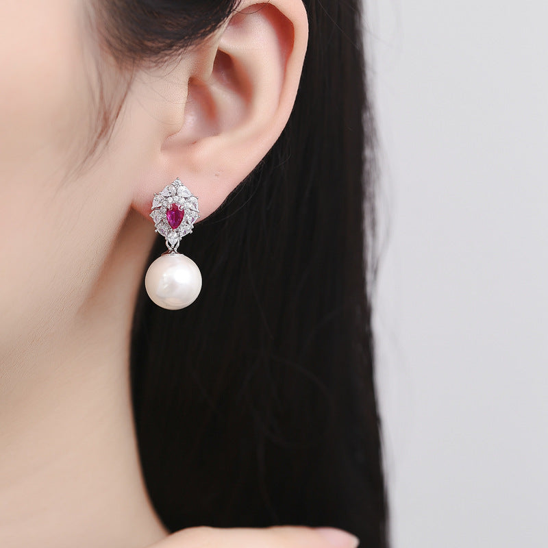 New Water Drop Type Simulated Pigeon Blood Red Pearl Earrings S925 All-over Sterling Silver Earrings Elegant Silver Jewelry-Mix MIx Style