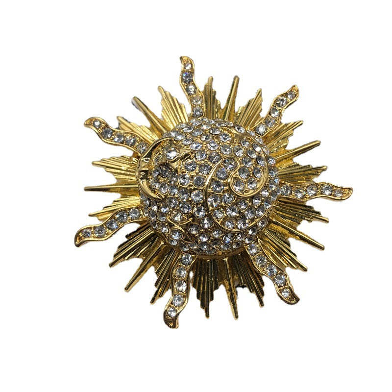 Sun Vintage Pendant White Micro Diamonds Luxury 18k Vermeil Gold Plated Earring Brooch Jewelry Set | Mix Mix Style-Mix MIx Style