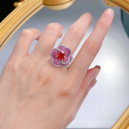 Mujing Jewelry S925 Silver 6ct New Pigeon Blood Red Flower Ring Female Rose Petals Fashionable and Versatile Luxury Inlay-Mix MIx Style