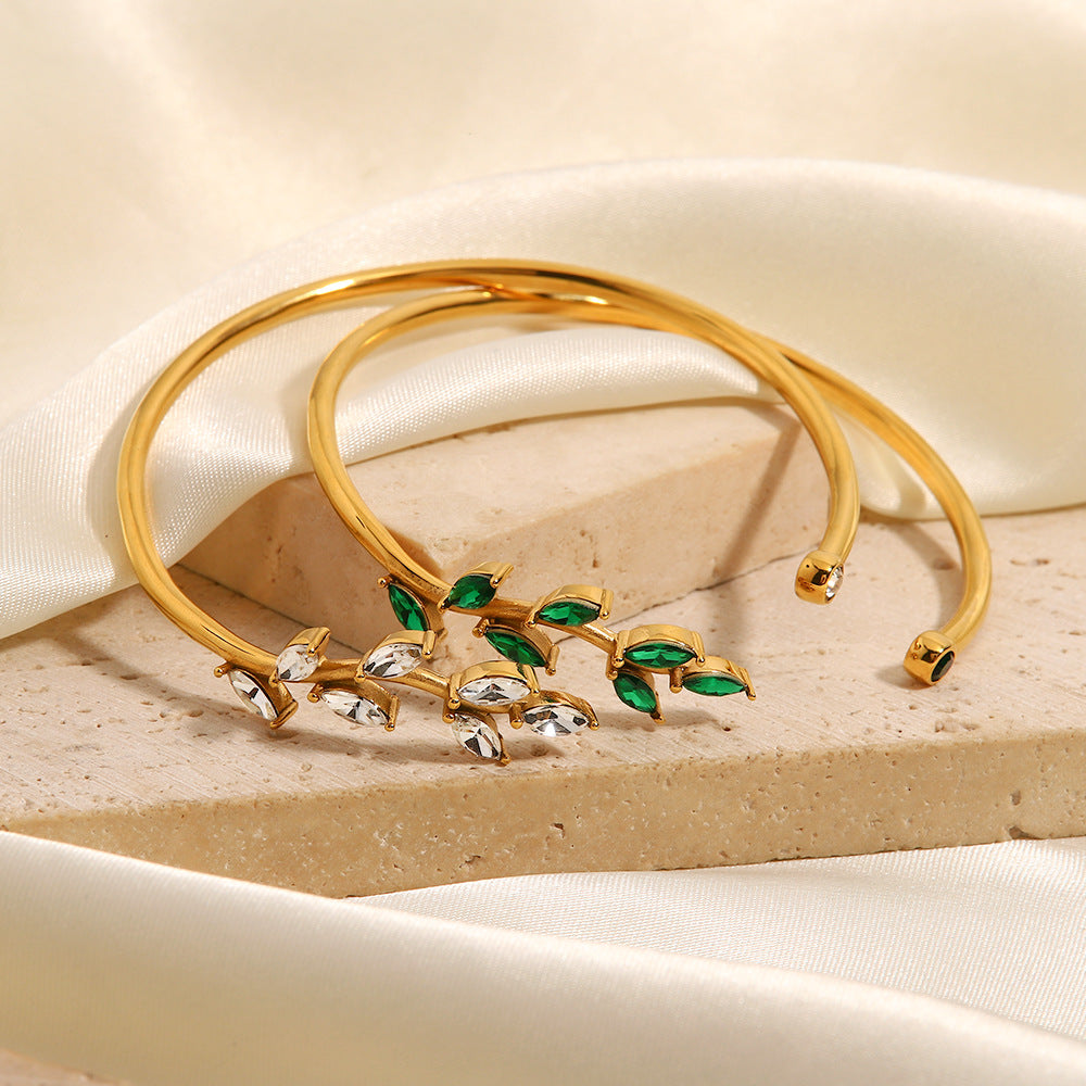 INS fashion new versatile titanium steel bracelet 18K gold electroplated green zircon leaf open bracelet women's hand jewelry-Mix MIx Style