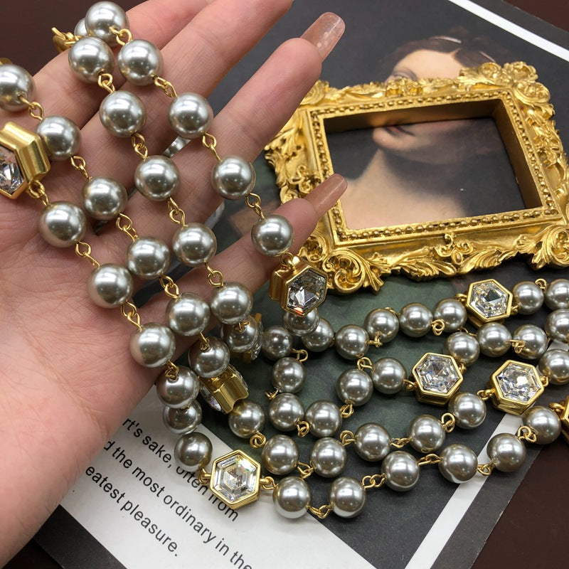 Slver Vintage Classic Multi-Layer Grey/ White PEarls Luxury 18k Gold Plated Long Necklace Jewelry | Mix Mix Style-Mix MIx Style